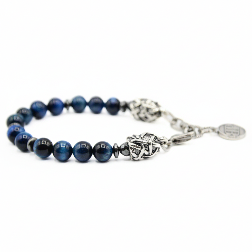 ABISS-Armband – Hämatitblaues Tigerauge und silberne Anschlüsse