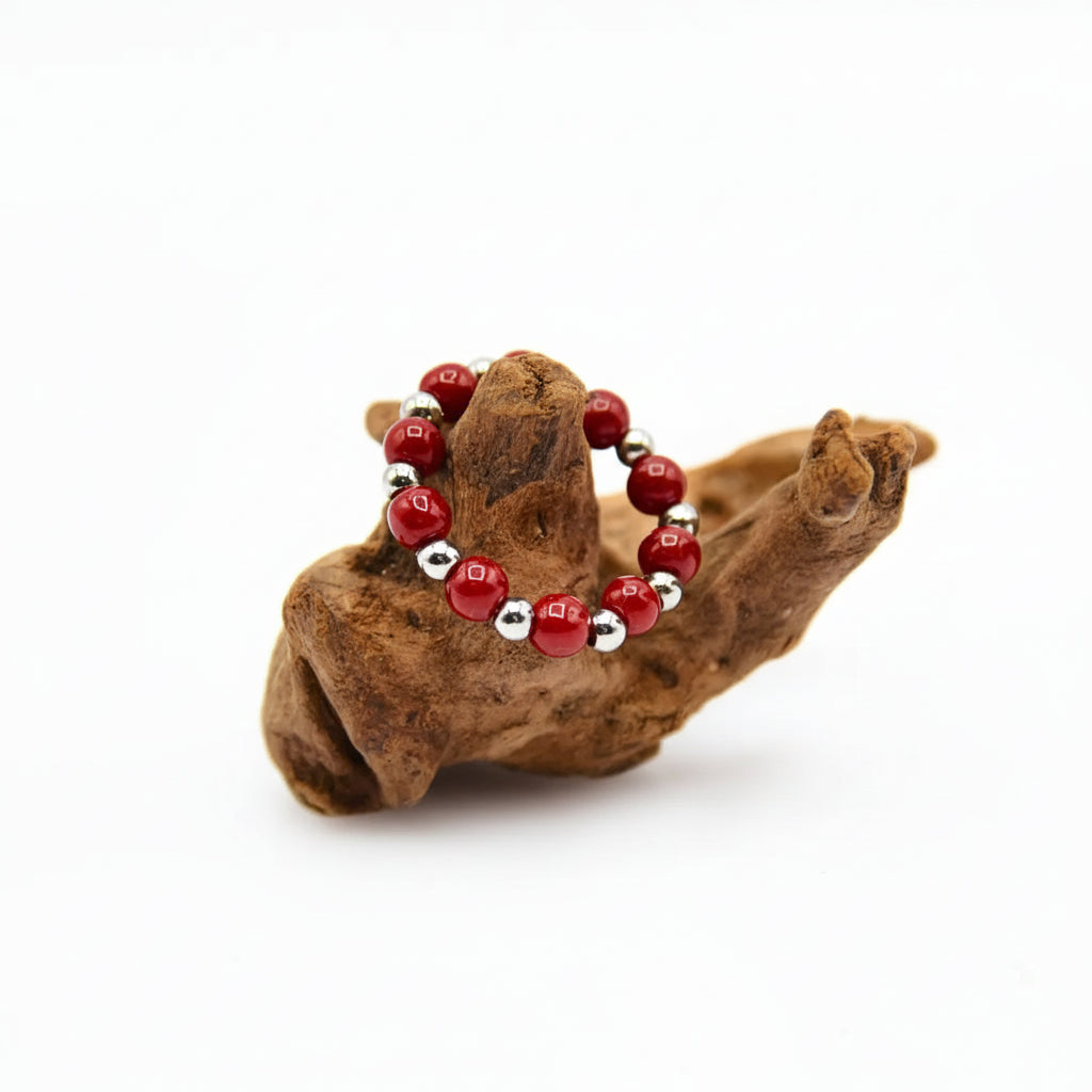 Elastischer Ring mit rotem Achat und Stahl
