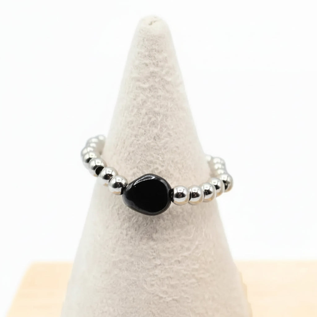 Anello Elastico con Onice Nero Irregolare e Acciaio