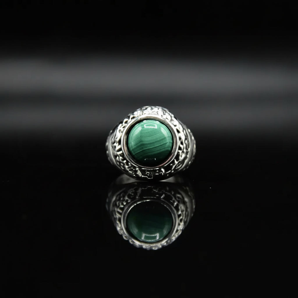 Anello Vitality con Pasta di Malachite e Scultura Ocean