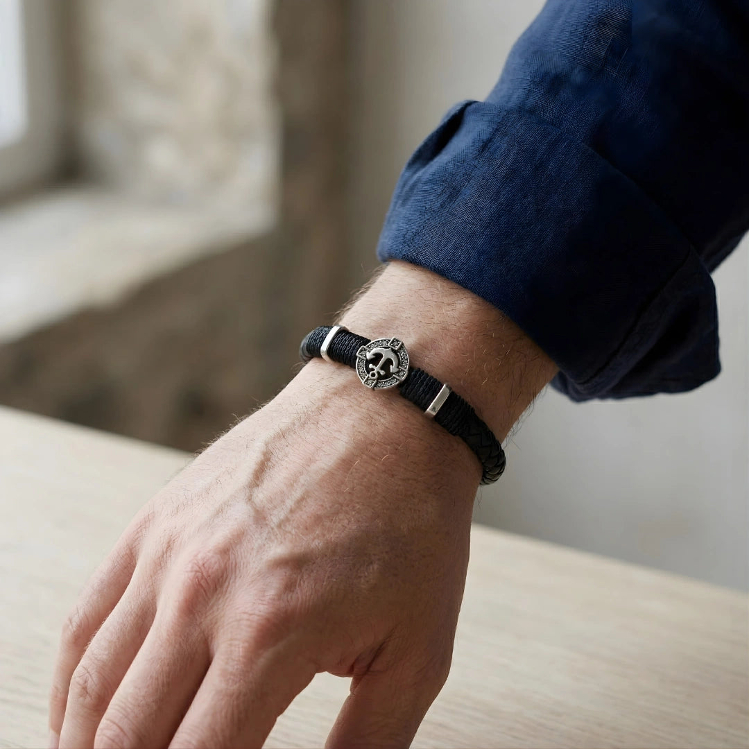 Bracciale Ancora Nautica Nero Intrecciato