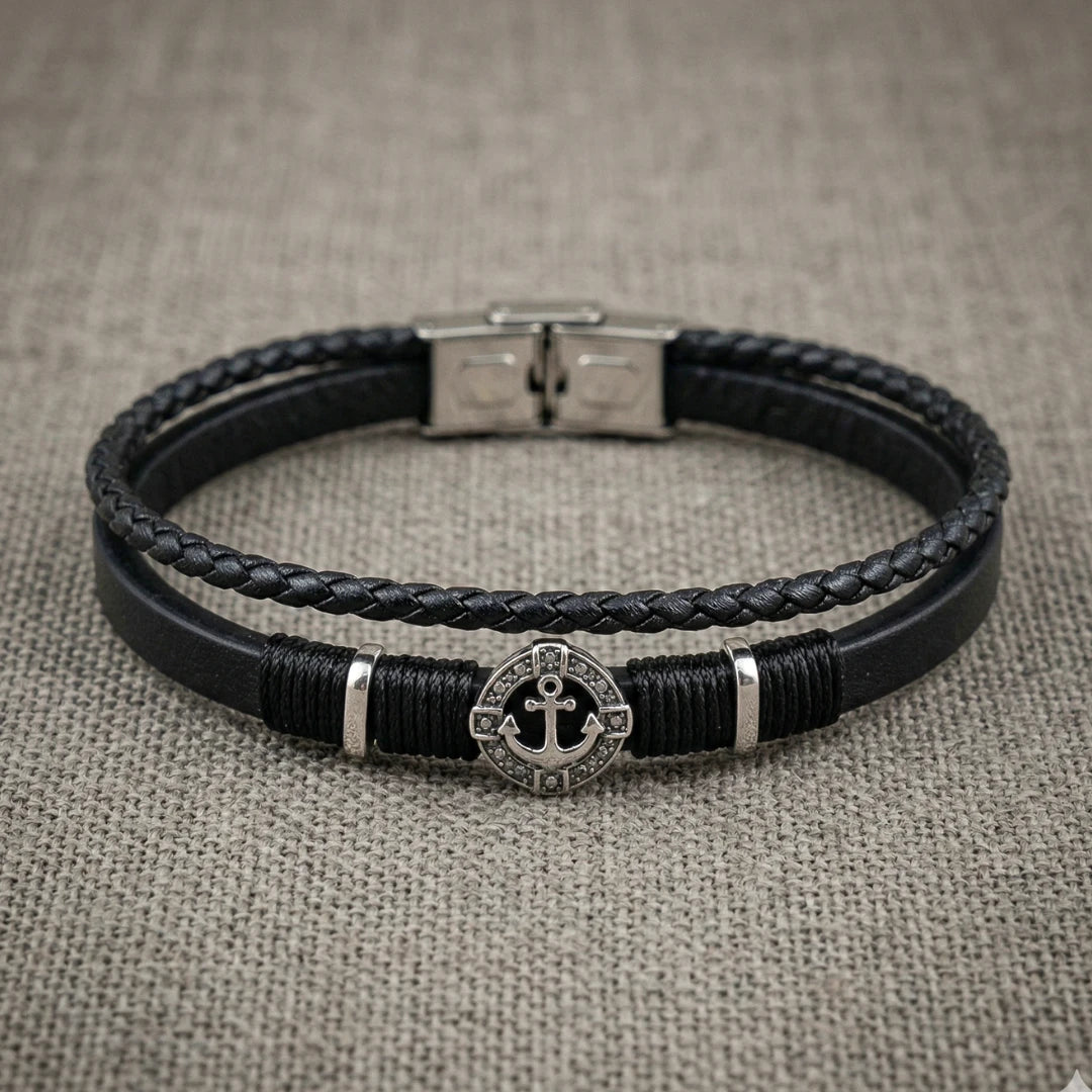 Bracciale Ancora Nautico in Pelle nera