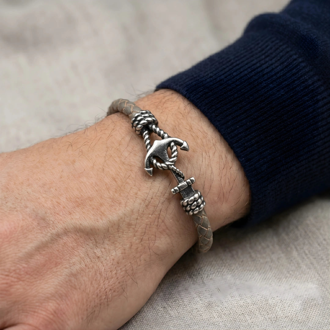 Bracciale Ancora in Pelle grigio tortora 5 mm