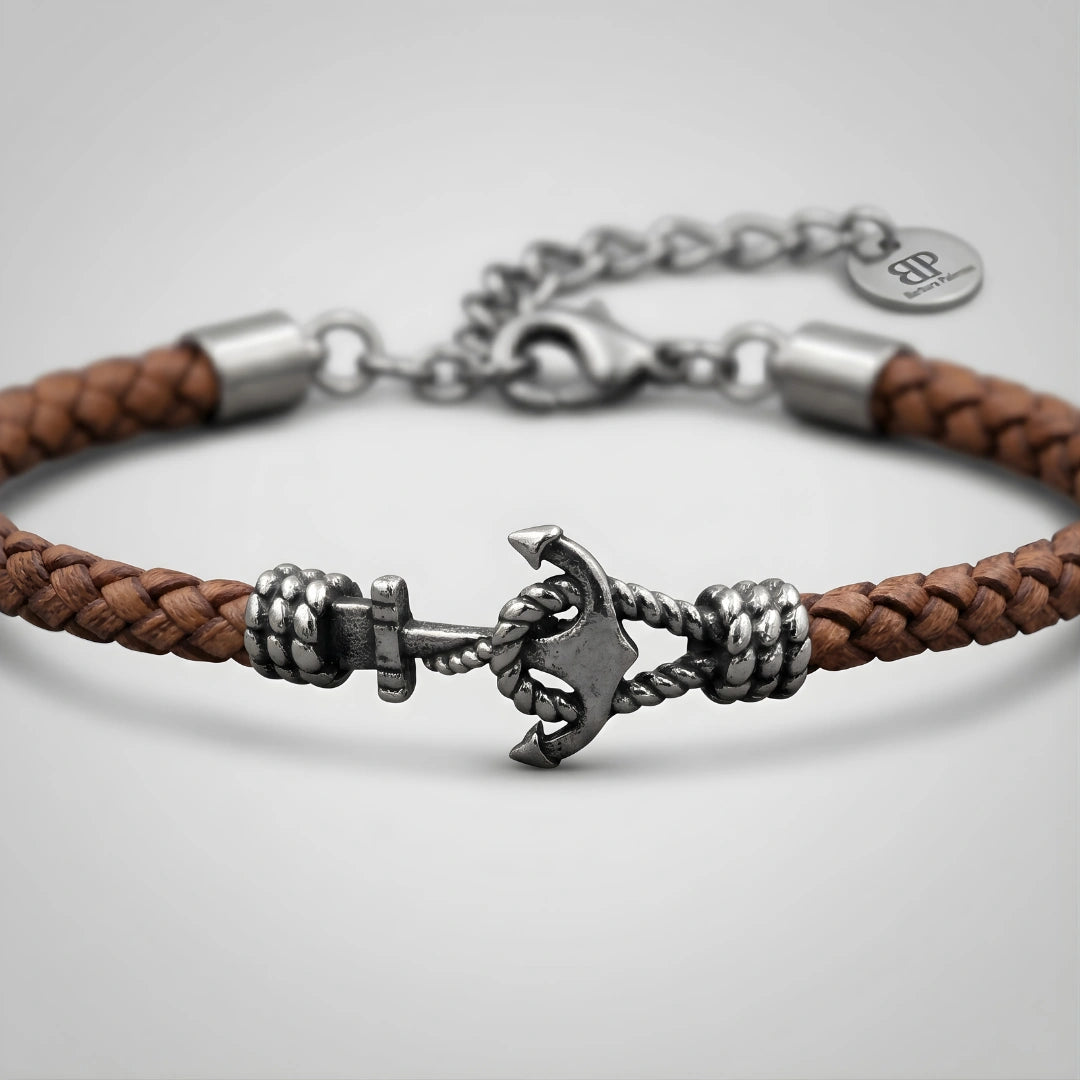 Bracciale Ancora  in Pelle Marrone Intrecciata 5 mm