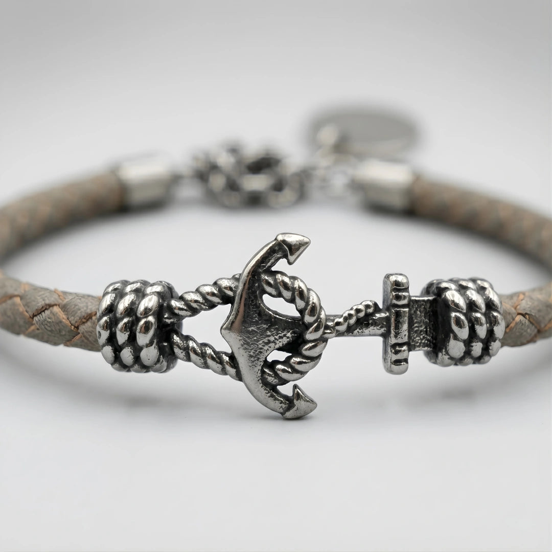 Bracciale Ancora in Pelle grigio tortora 5 mm