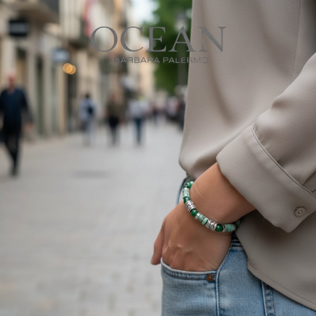 Bracciale Ocean Oslo 02 Giada Verde, Howlite ed Ematite Argento