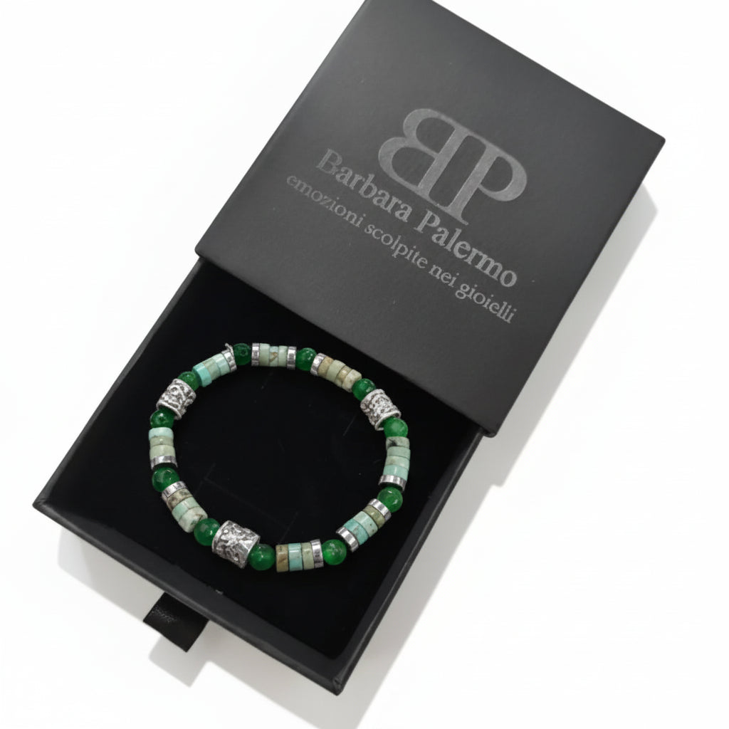 Bracciale Ocean Oslo 02 Giada Verde, Howlite ed Ematite Argento