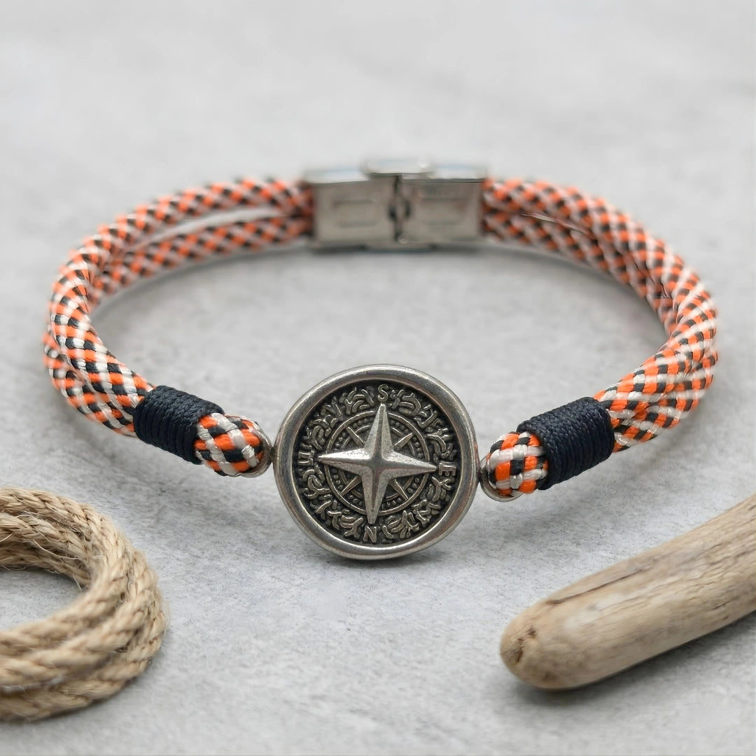 Bracciale Bussola Nautica in Paracord Arancio Nero e Bianco