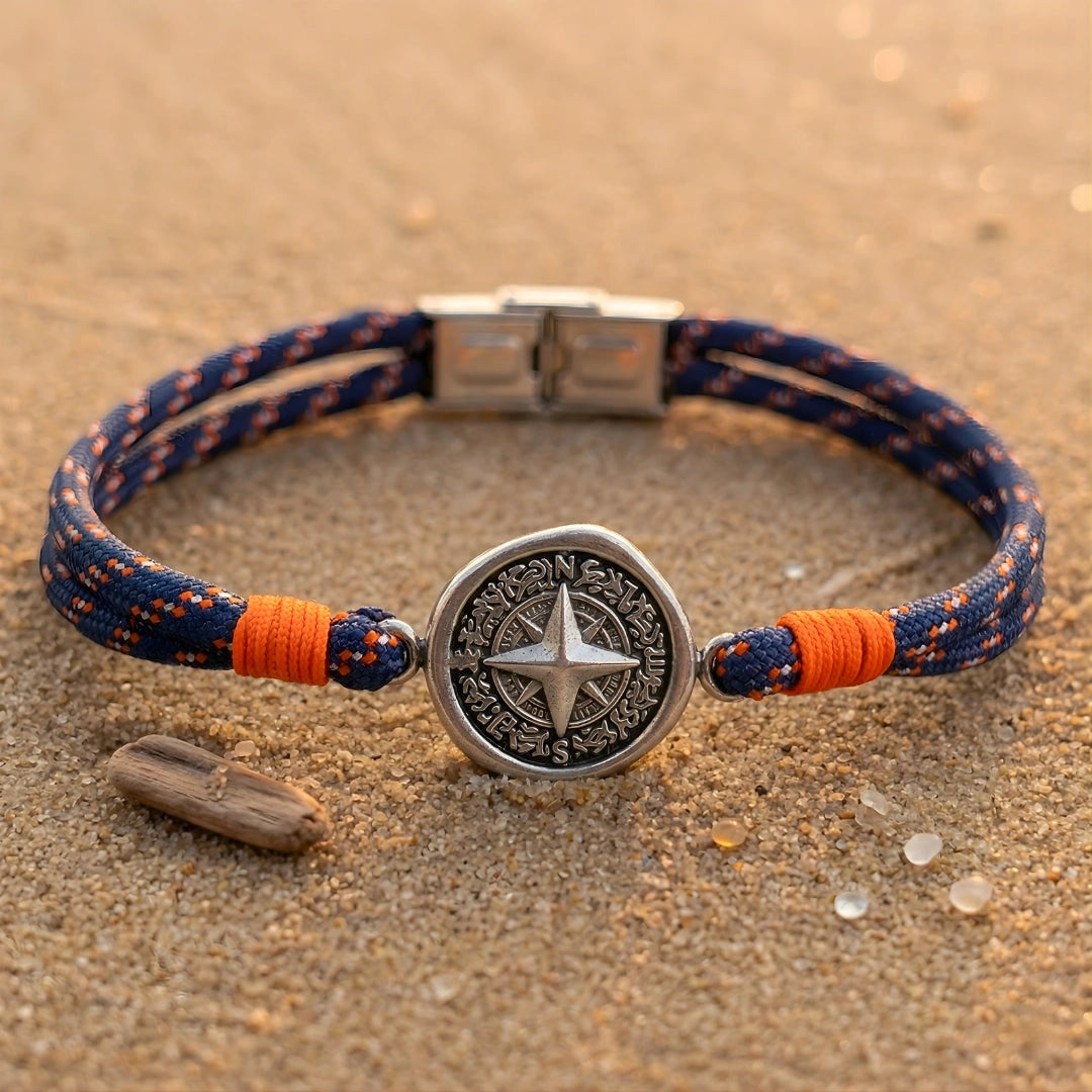 Bracciale Bussola Nautica in Paracord Blu Navy e Arancio