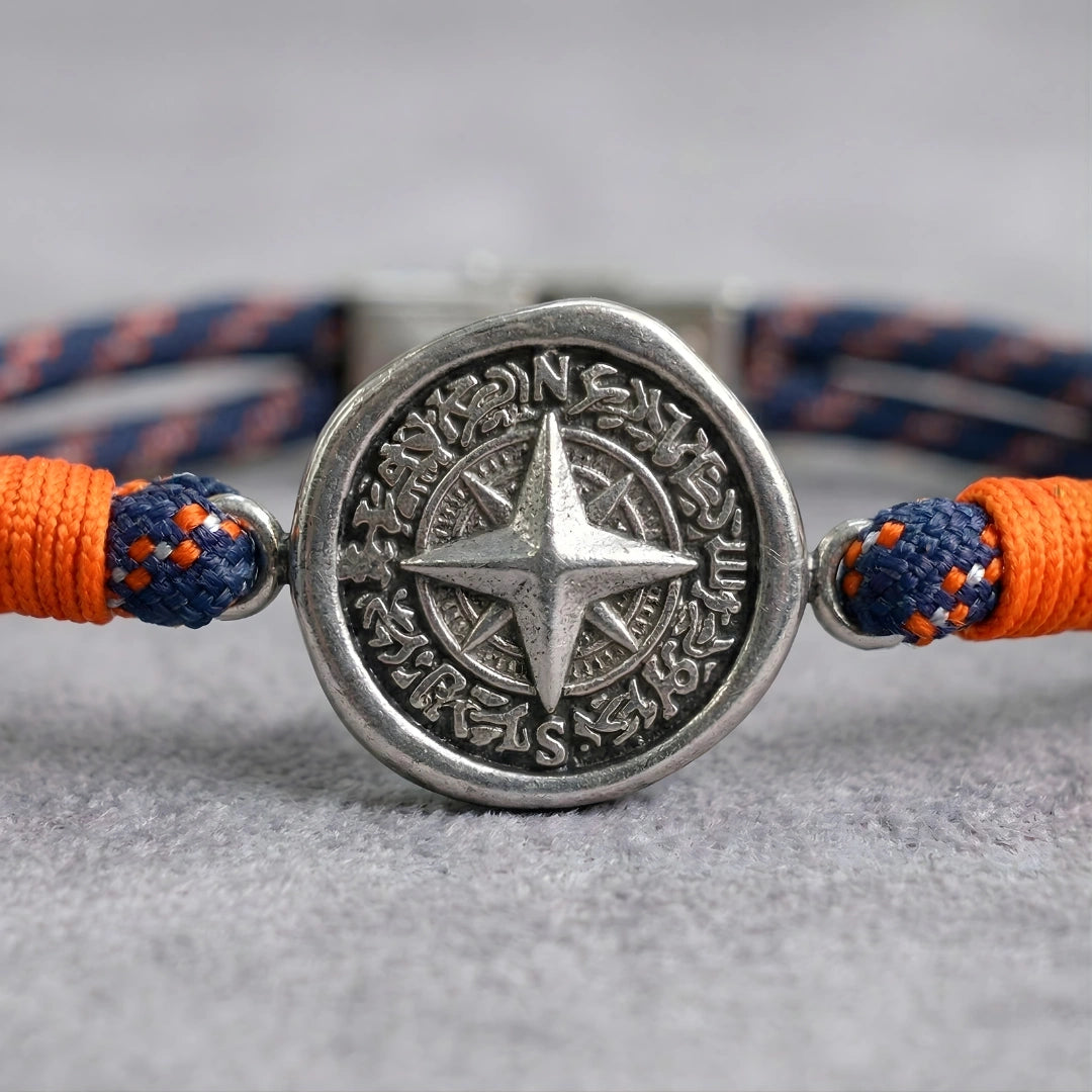 Bracciale Bussola Nautica in Paracord Blu Navy e Arancio