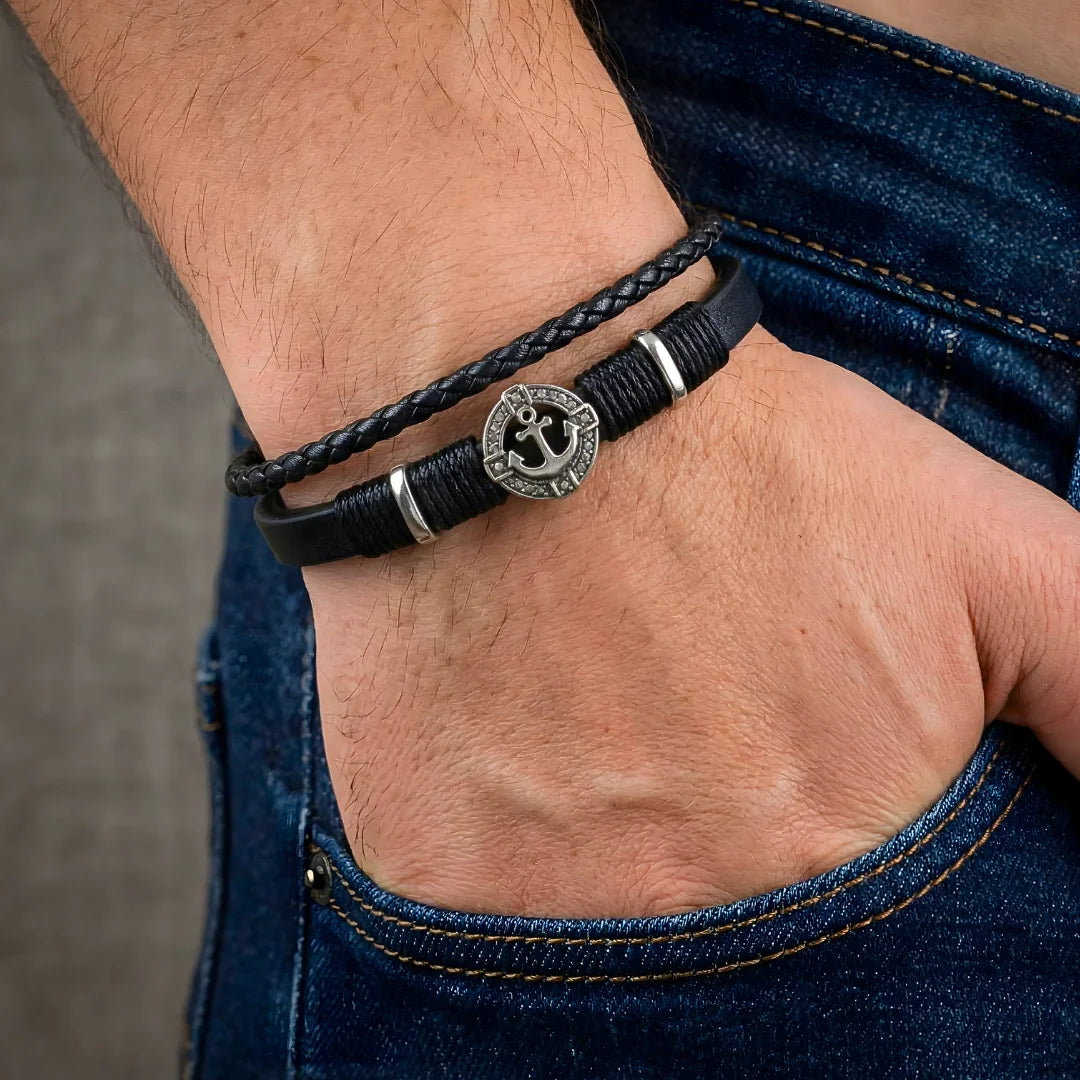 Bracciale Ancora Nautico in Pelle nera
