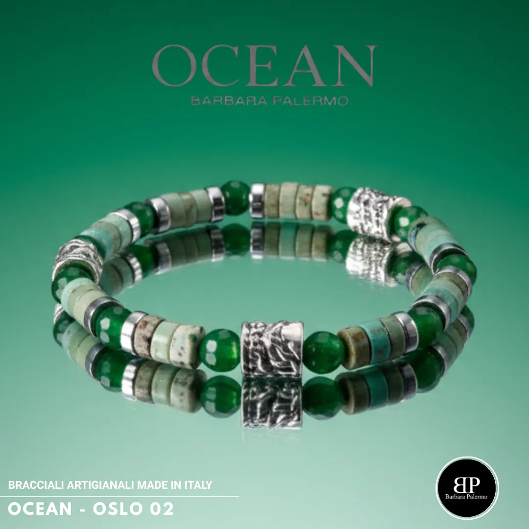 Bracciale Ocean Oslo 02 Giada Verde, Howlite ed Ematite Argento