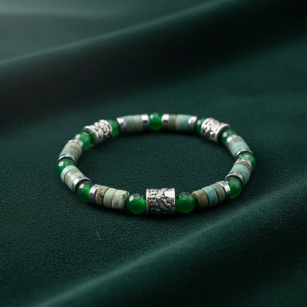 Bracciale Ocean Oslo 02 Giada Verde, Howlite ed Ematite Argento