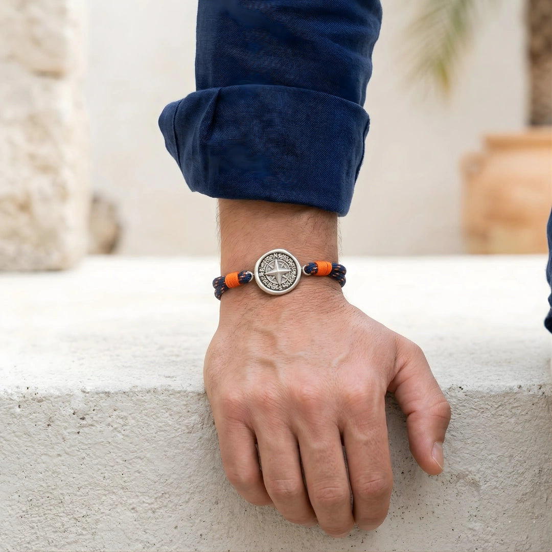 Bracciale Bussola Nautica in Paracord Blu Navy e Arancio