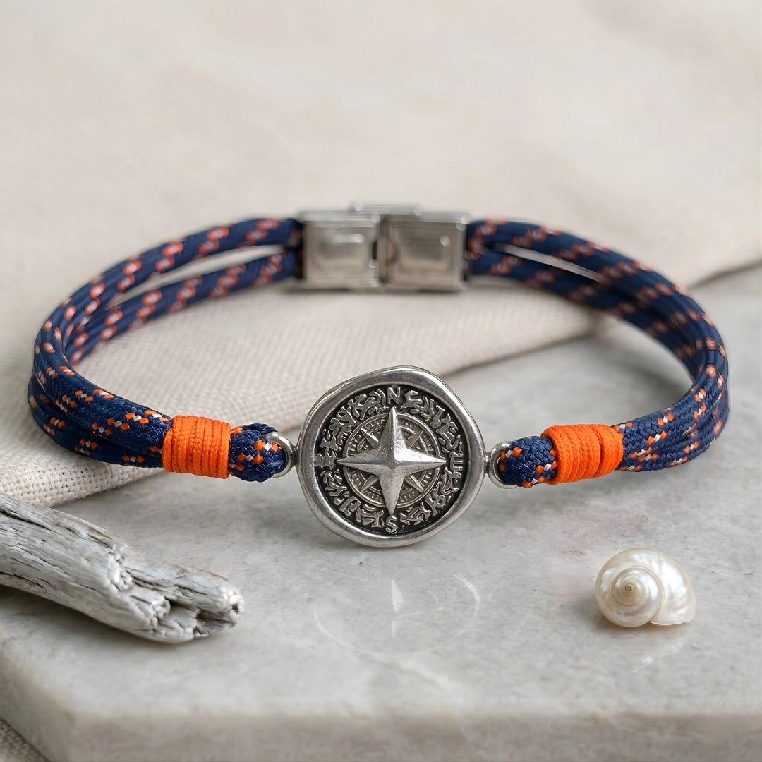Bracciale Bussola Nautica in Paracord Blu Navy e Arancio