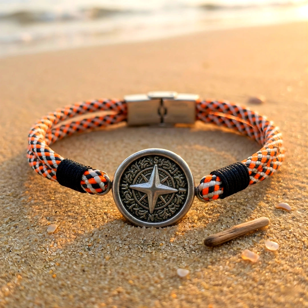 Bracciale Bussola Nautica in Paracord Arancio Nero e Bianco