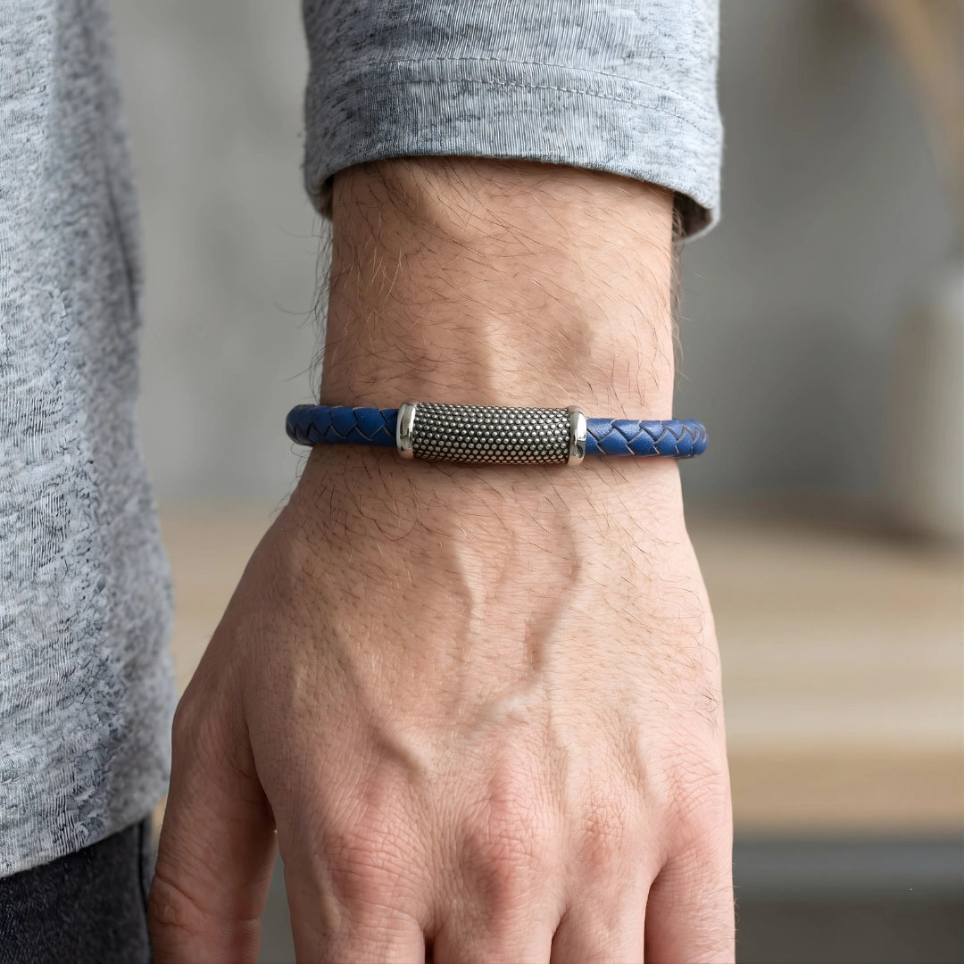 Bracciale Pelle Blu Inserto puntinato acciaio