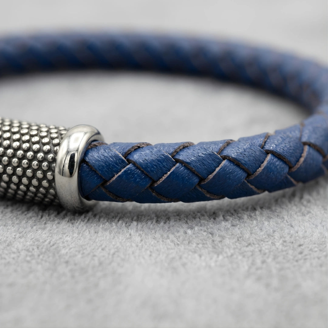 Bracciale Pelle Blu Inserto puntinato acciaio