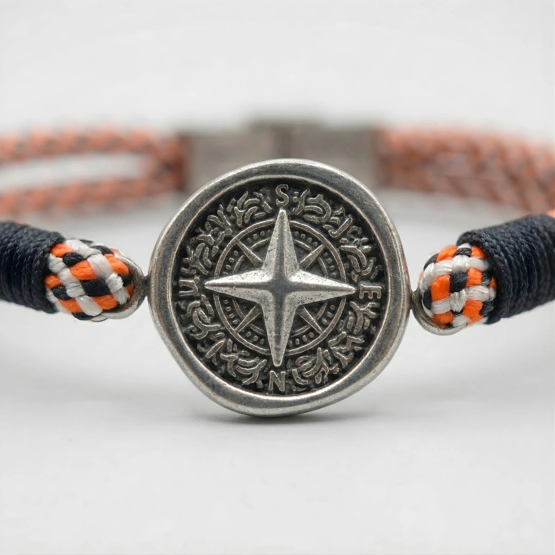 Bracciale Bussola Nautica in Paracord Arancio Nero e Bianco