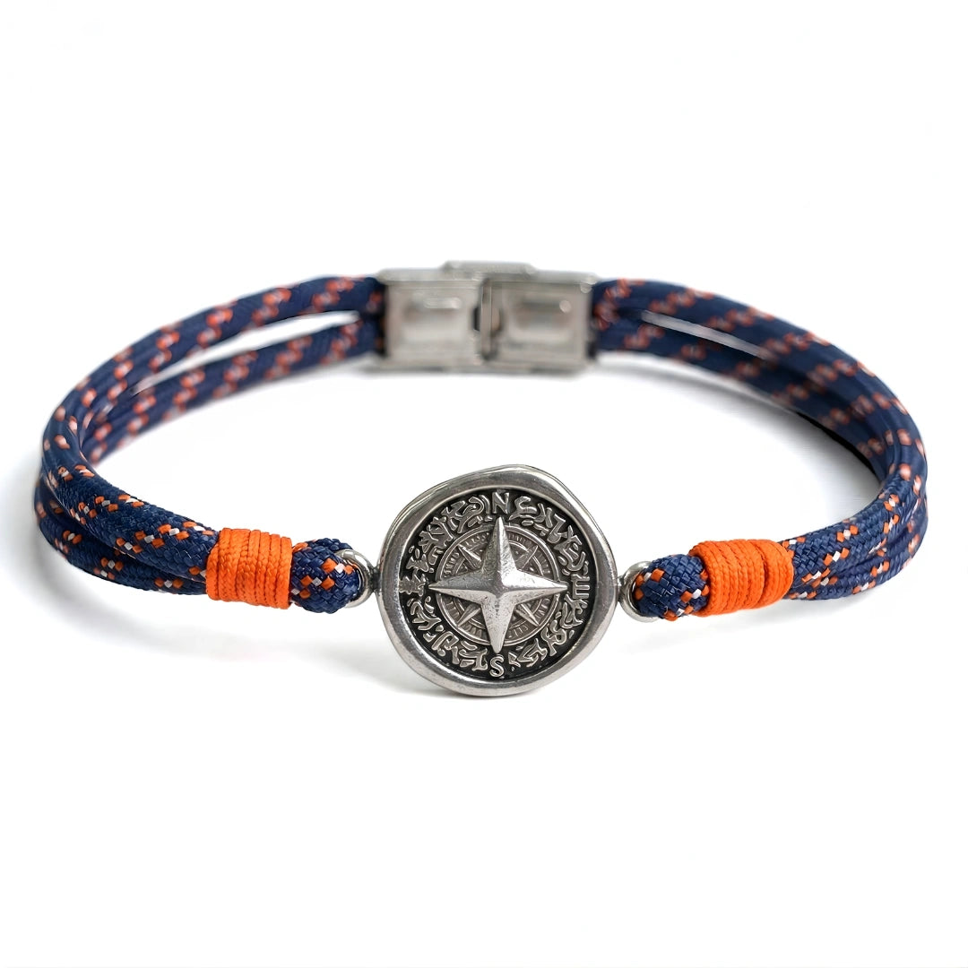Bracciale Bussola Nautica in Paracord Blu Navy e Arancio