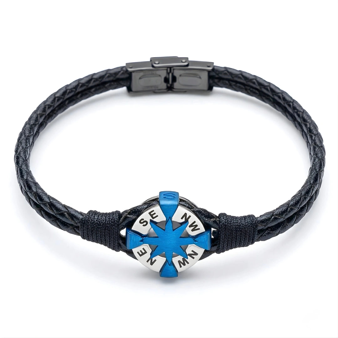 Bracciale Rosa dei Venti in Pelle Nera e Acciaio 316L