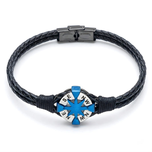 Bracciale Rosa dei Venti in Pelle Nera e Acciaio 316L