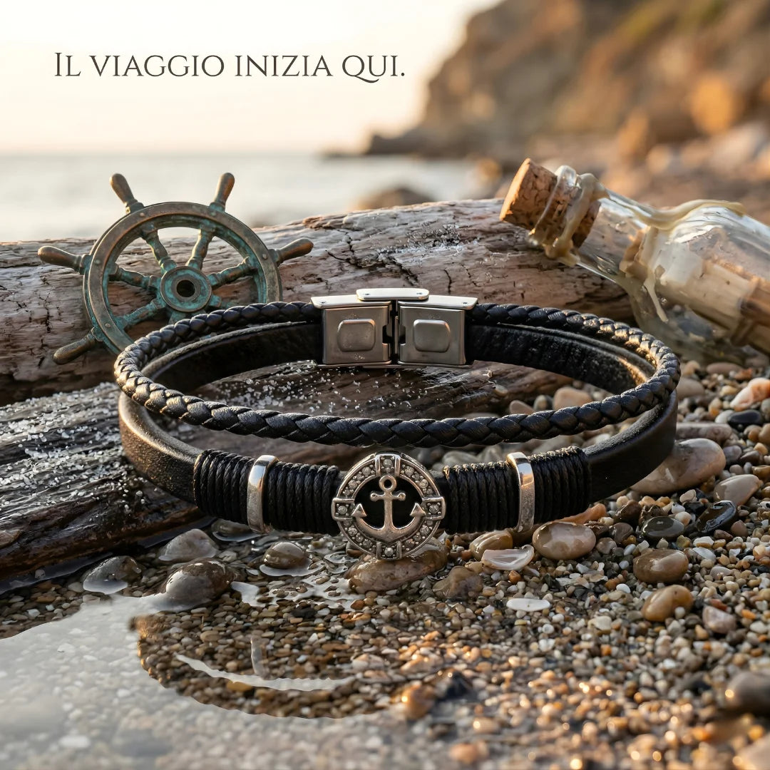 Bracciale Ancora Nautico in Pelle nera