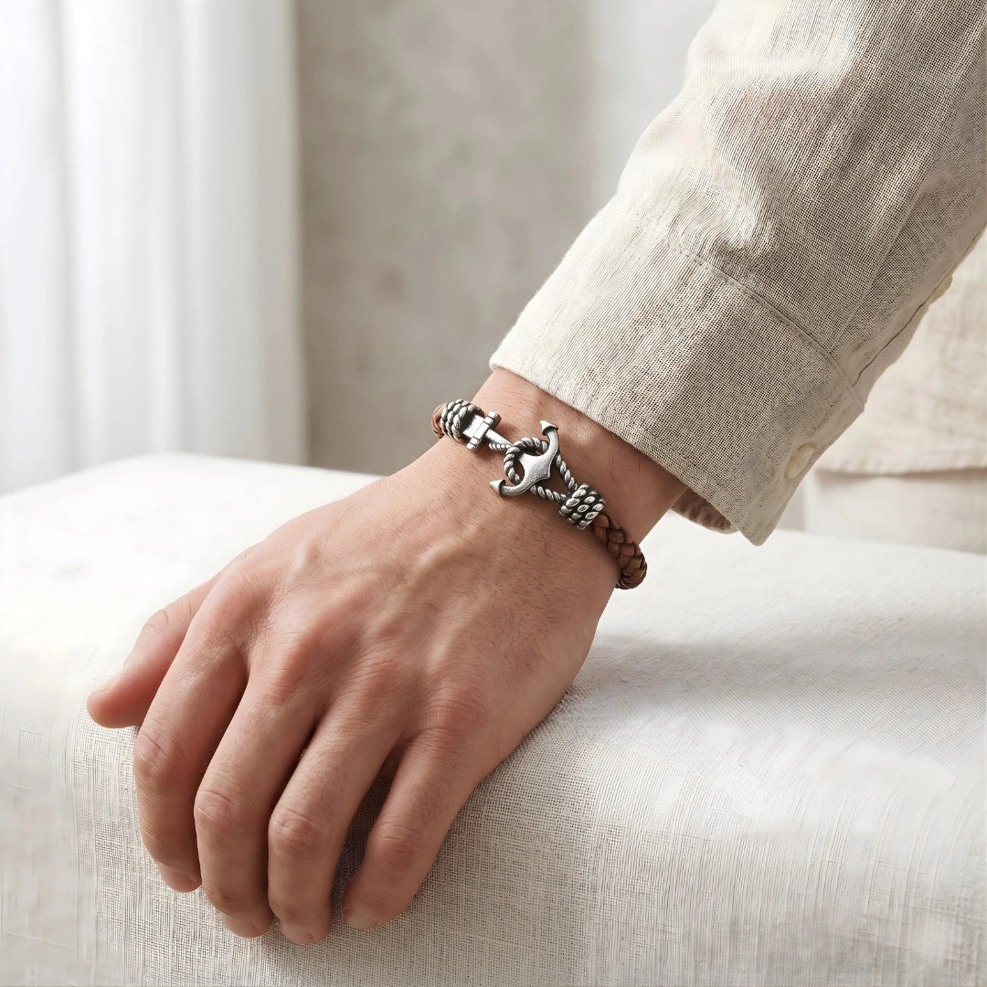 Bracciale Ancora  in Pelle Marrone Intrecciata 5 mm