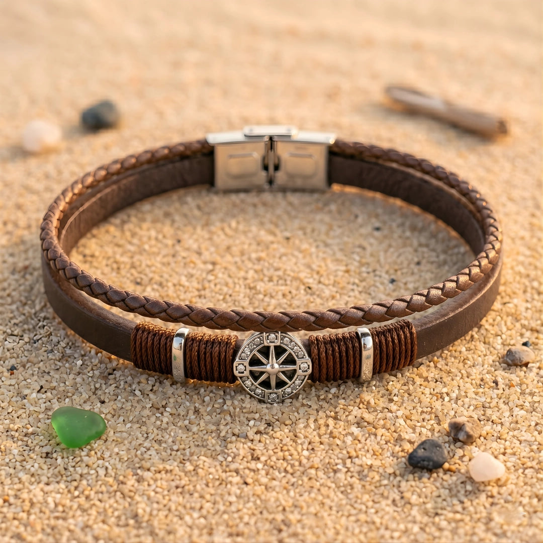 Bracciale Rosa dei Venti in Pelle doppia Marrone