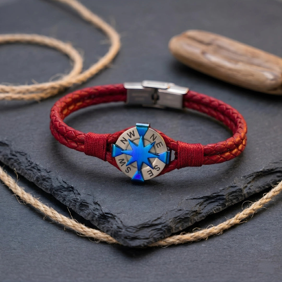 Bracciale Rosa dei Venti in Pelle Rossa  Doppio Intreccio