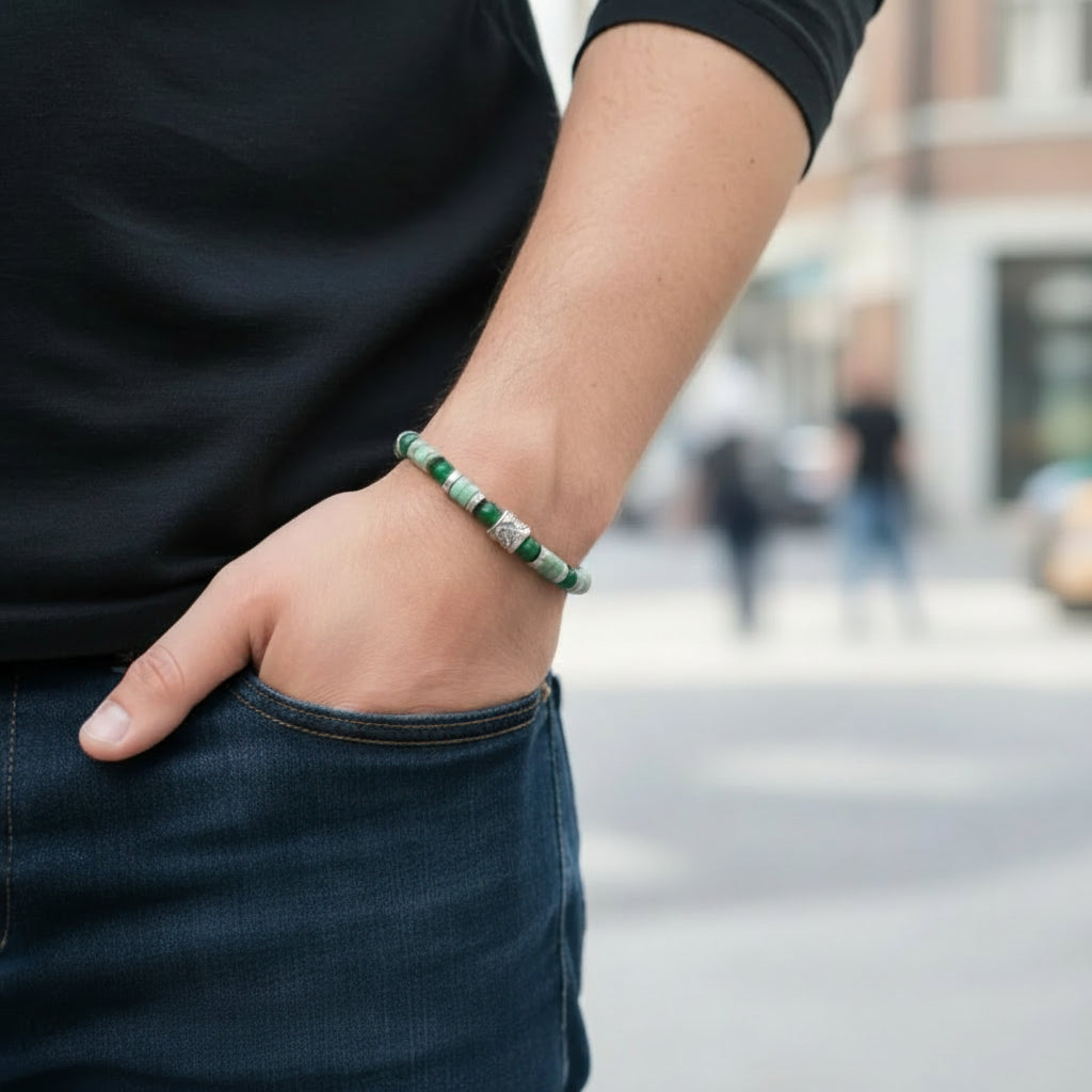 Bracciale Ocean Oslo 02 Giada Verde, Howlite ed Ematite Argento