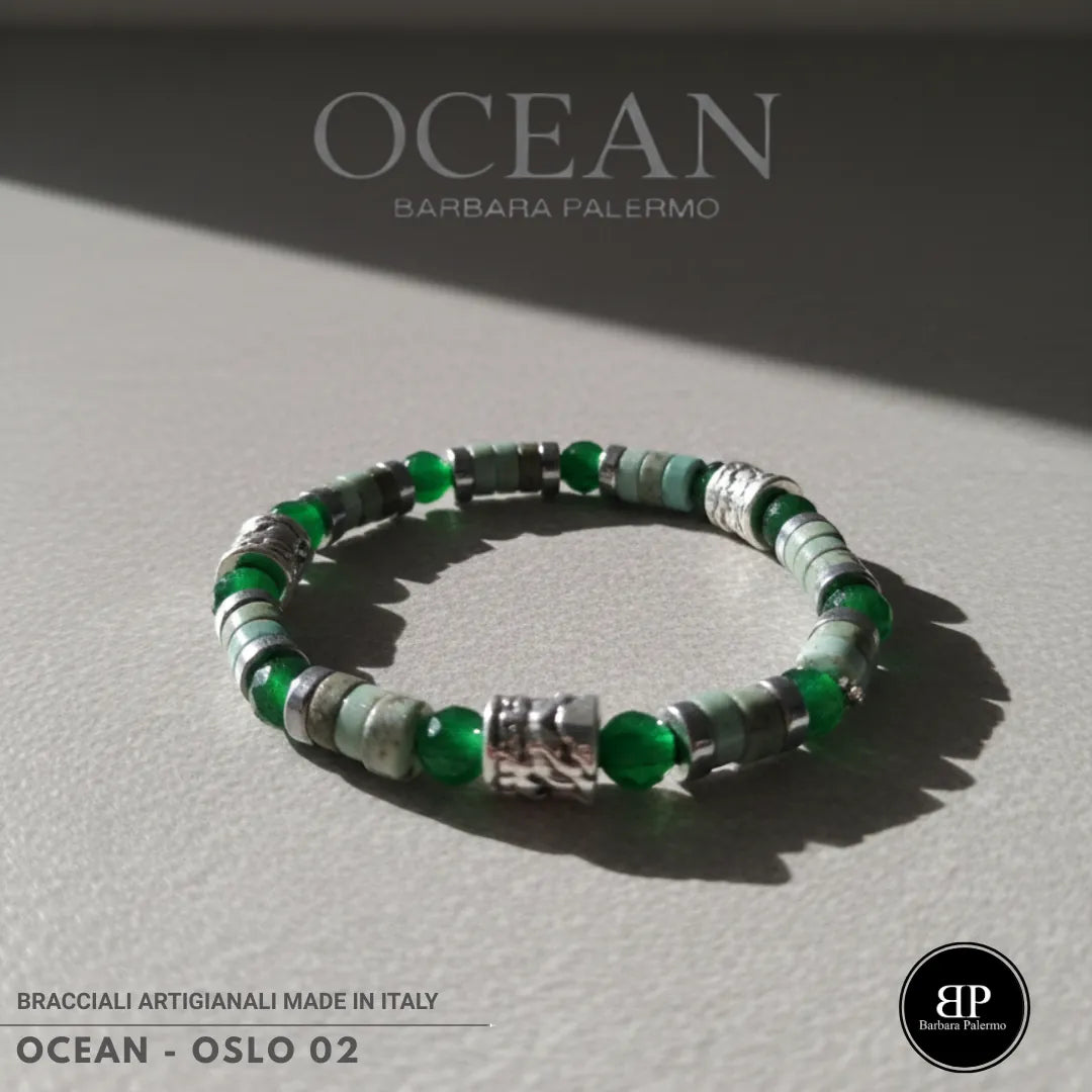 Bracciale Ocean Oslo 02 Giada Verde, Howlite ed Ematite Argento