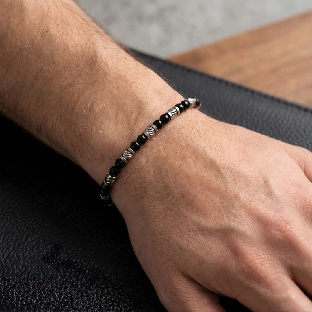 Bracciale Stones Artigianale Onice Nero e Acciaio 316L