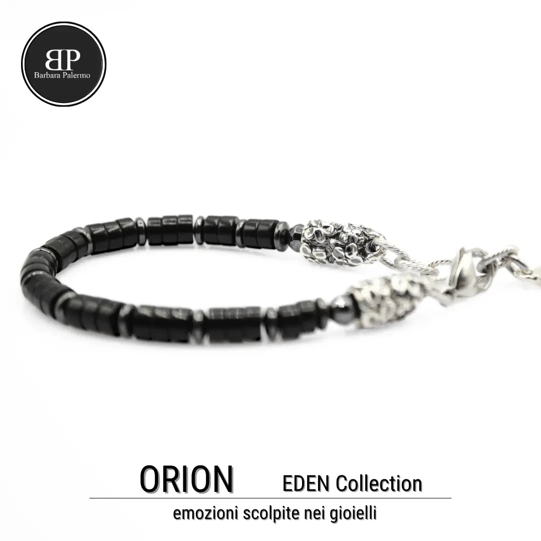 Bracciale Eden Orion: Riflessi Stellari l'Eleganza dell'Onice nera e dell'Ematite