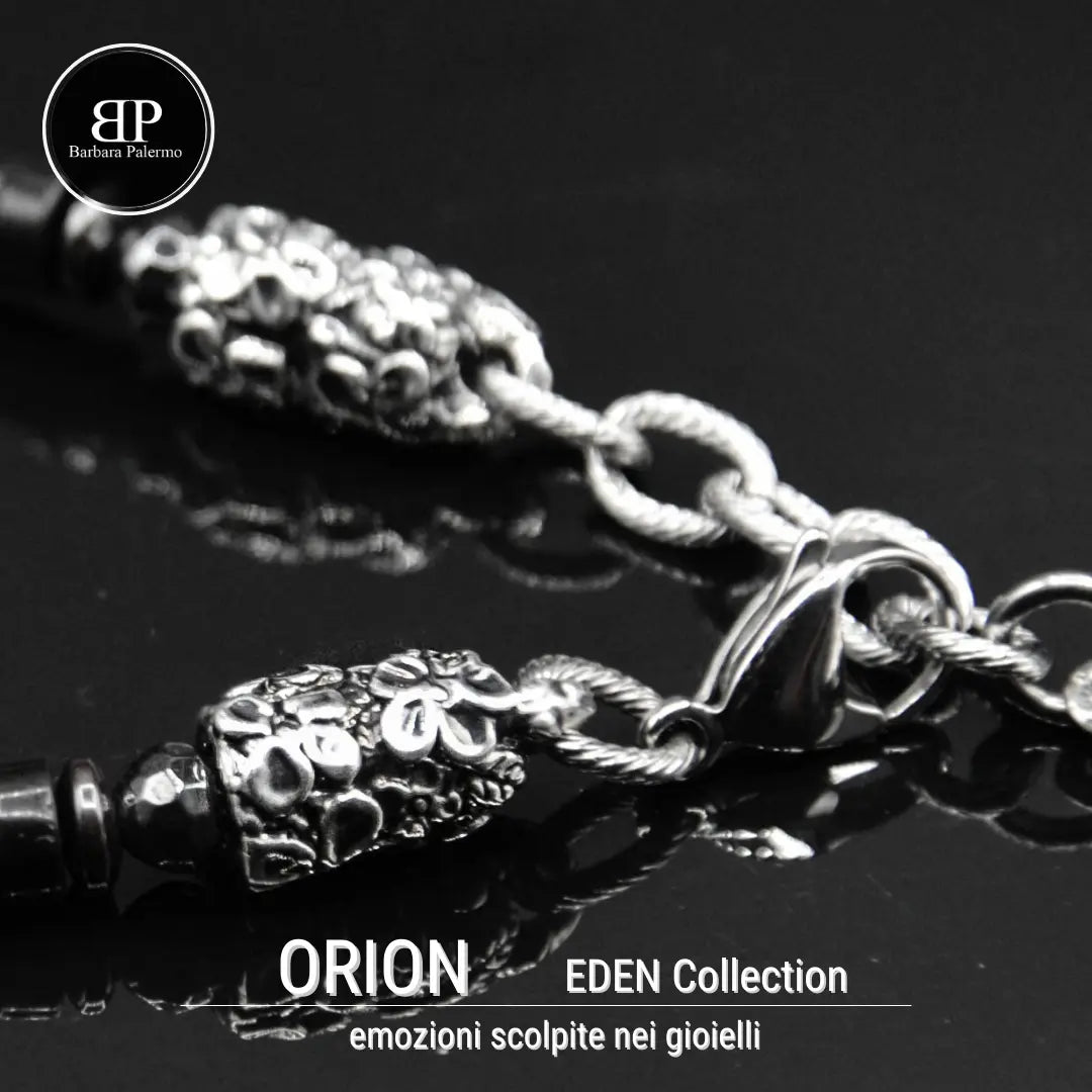 Bracciale Eden Orion: Riflessi Stellari l'Eleganza dell'Onice nera e dell'Ematite