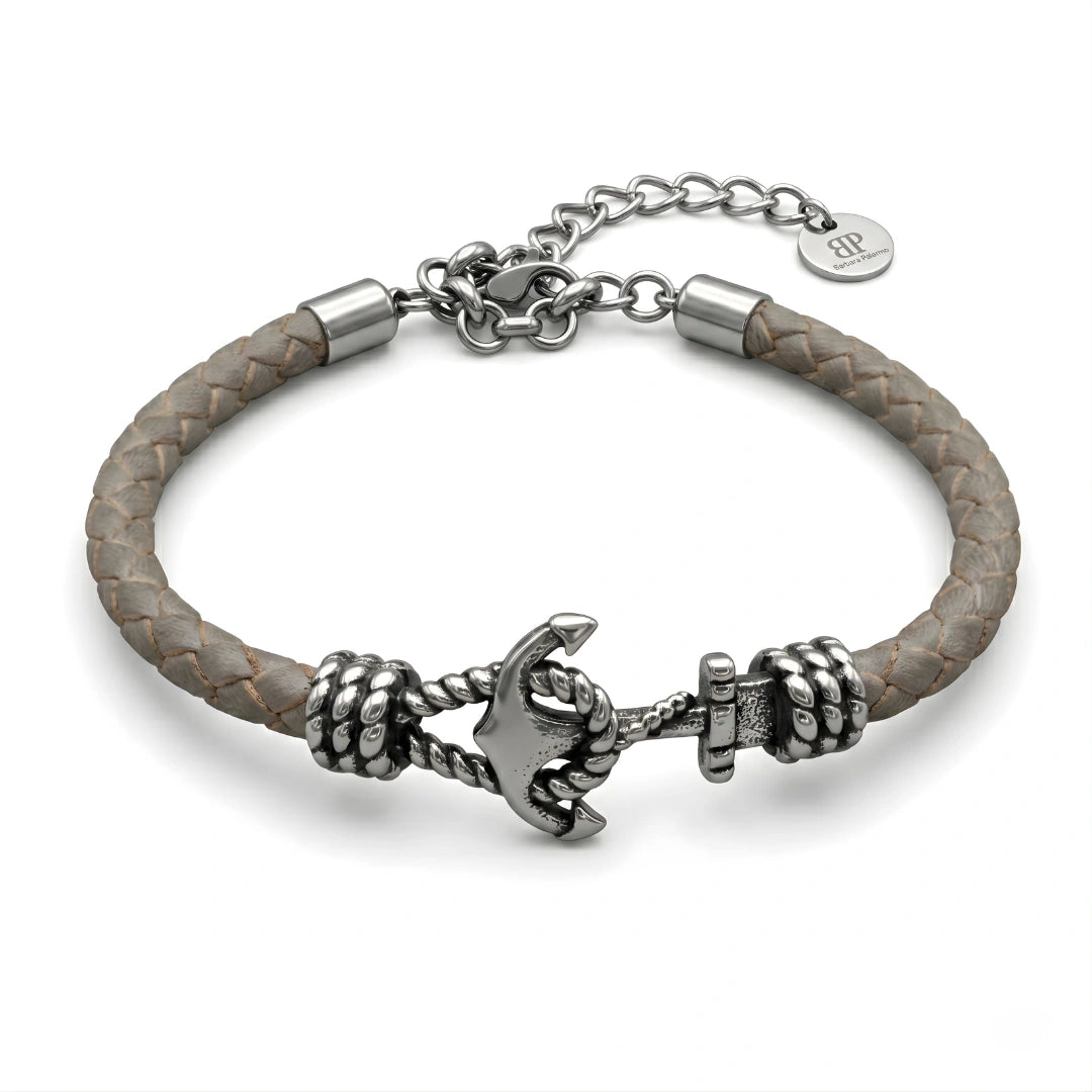 Bracciale Ancora in Pelle grigio tortora 5 mm