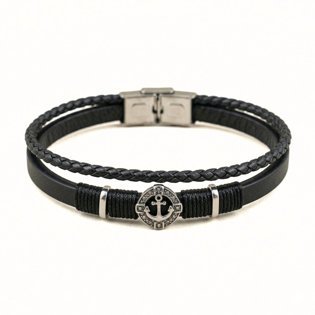 Bracciale Ancora Nautico in Pelle nera