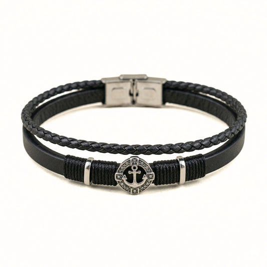 Bracciale Ancora Nautico in Pelle nera