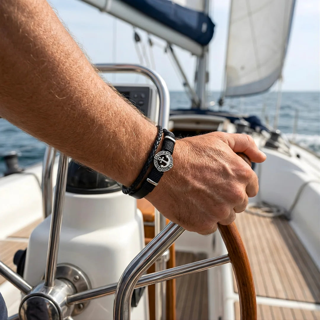 Bracciale Ancora Nautico in Pelle nera