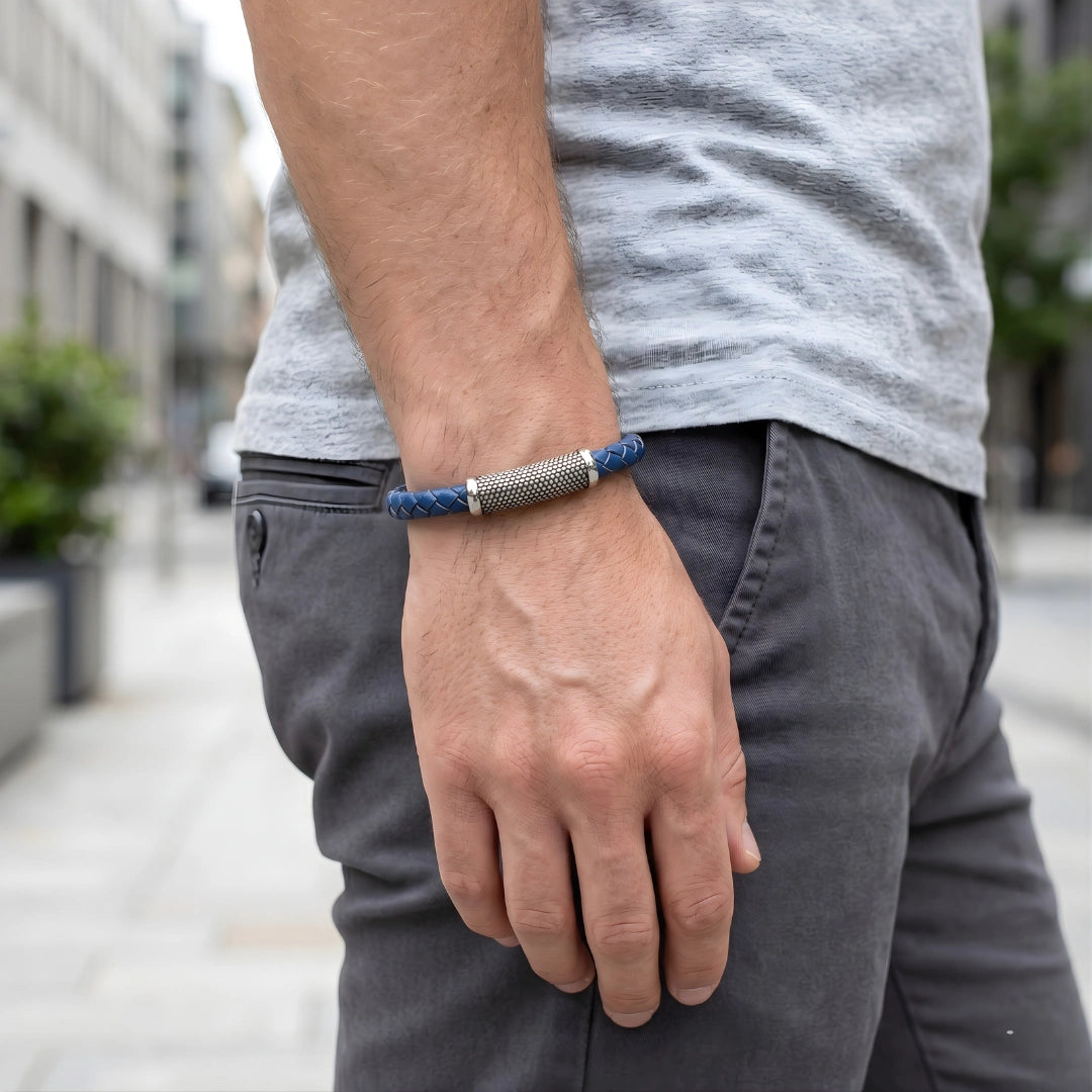 Bracciale Pelle Blu Inserto puntinato acciaio