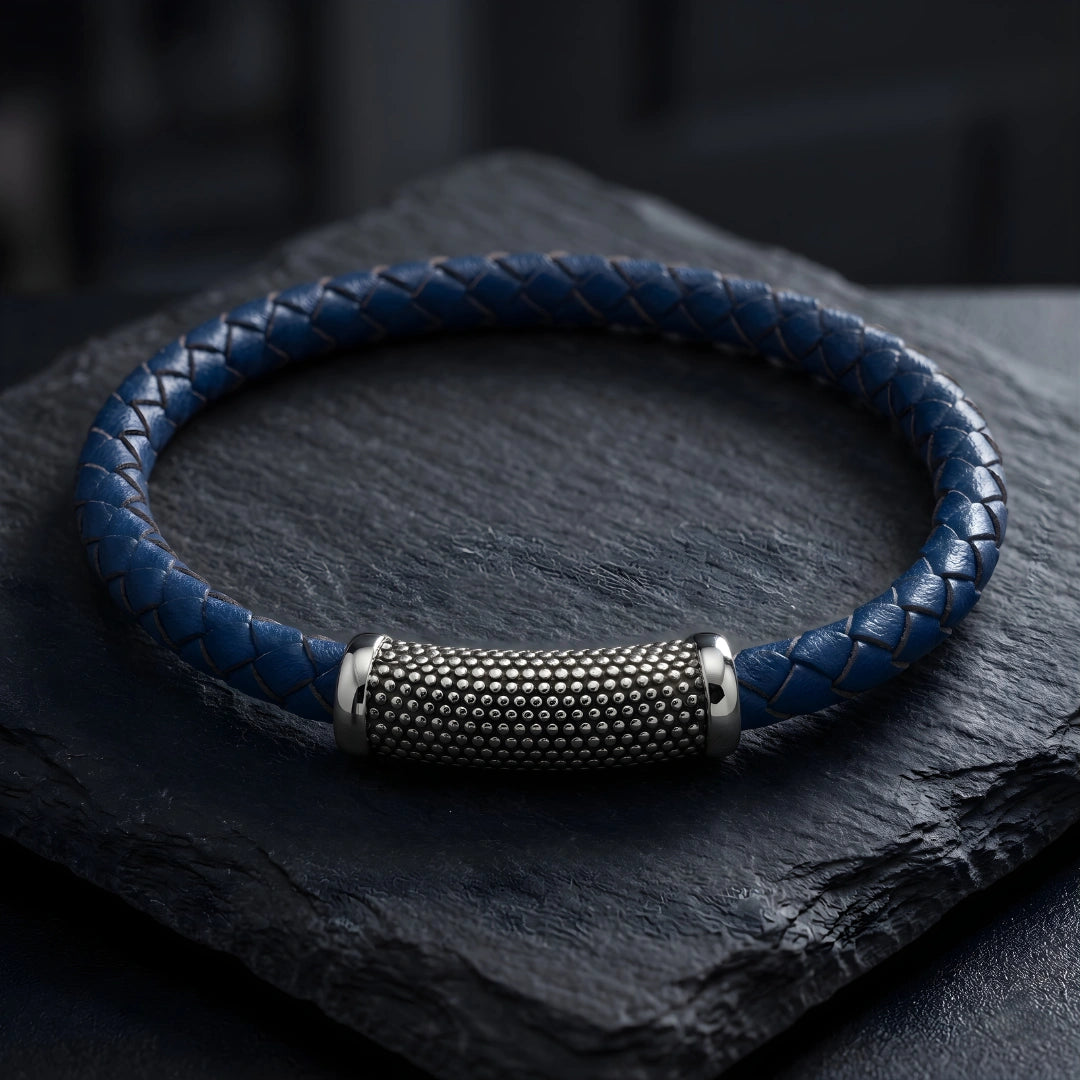 Bracciale Pelle Blu Inserto puntinato acciaio