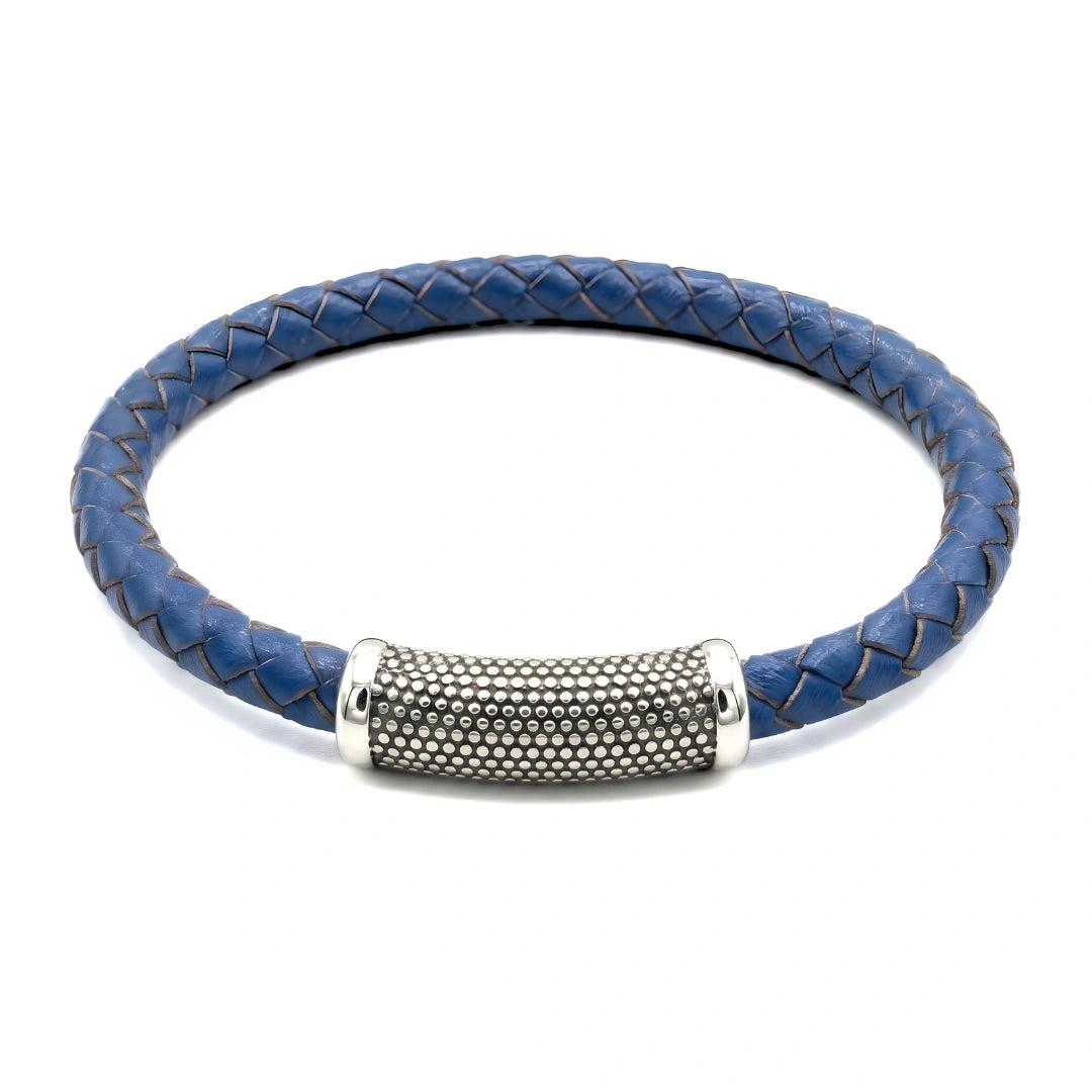 Bracciale Pelle Blu Inserto puntinato acciaio