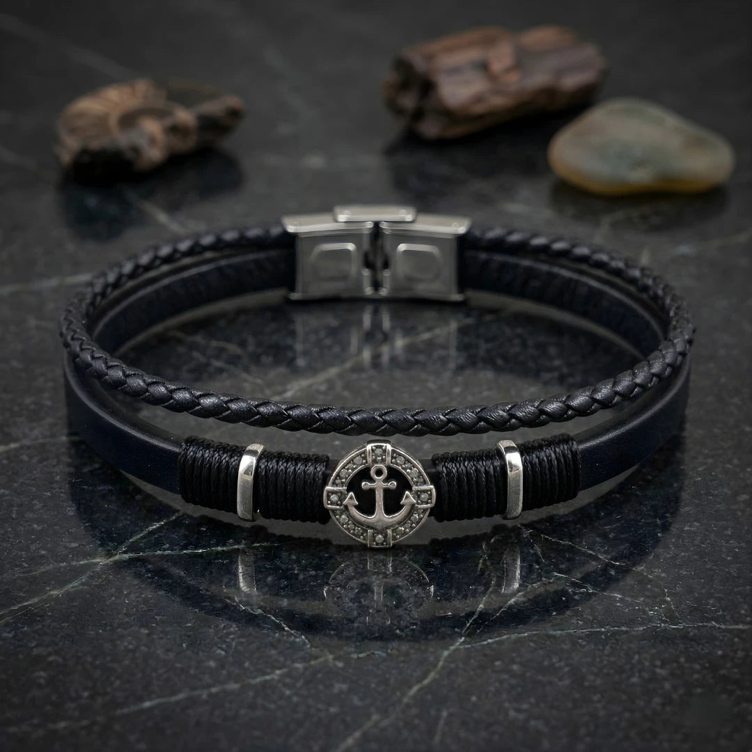 Bracciale Ancora Nautico in Pelle nera