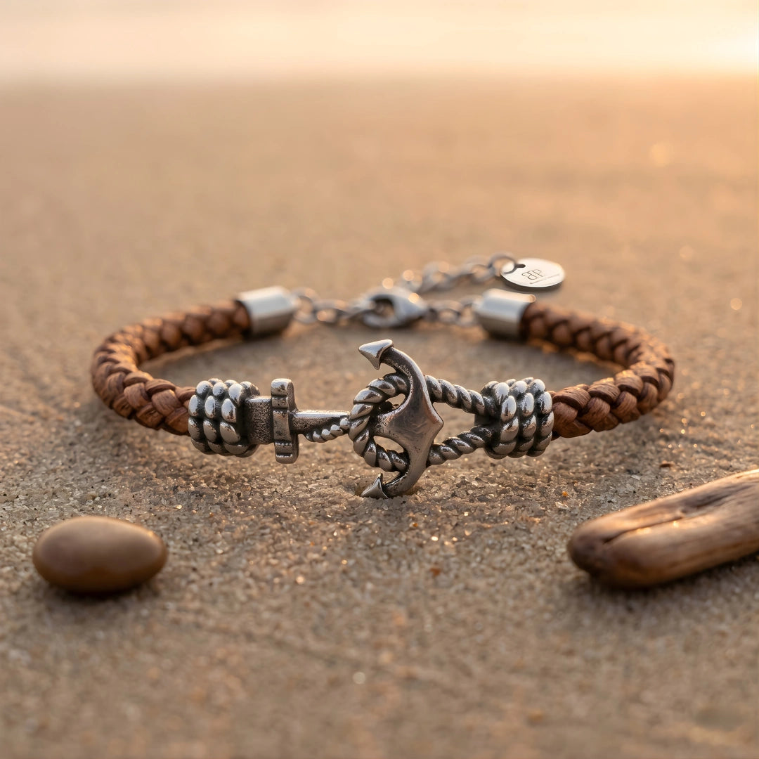Bracciale Ancora  in Pelle Marrone Intrecciata 5 mm