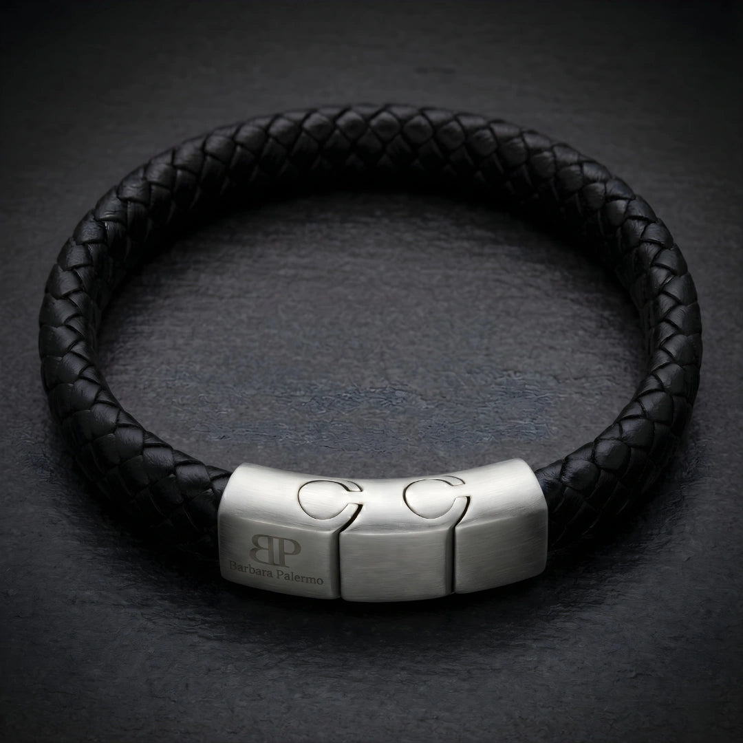 Bracciale in Pelle Intrecciata Nera 1 cm