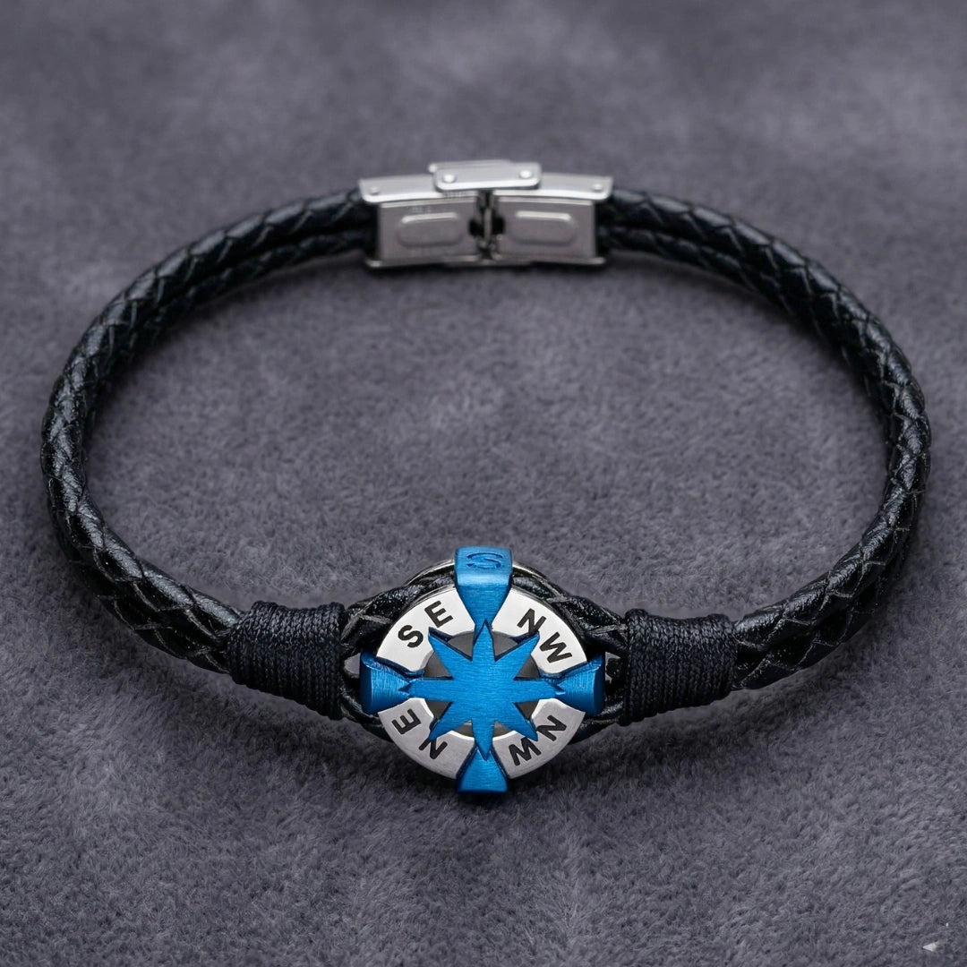 Bracciale Rosa dei Venti in Pelle Nera e Acciaio 316L