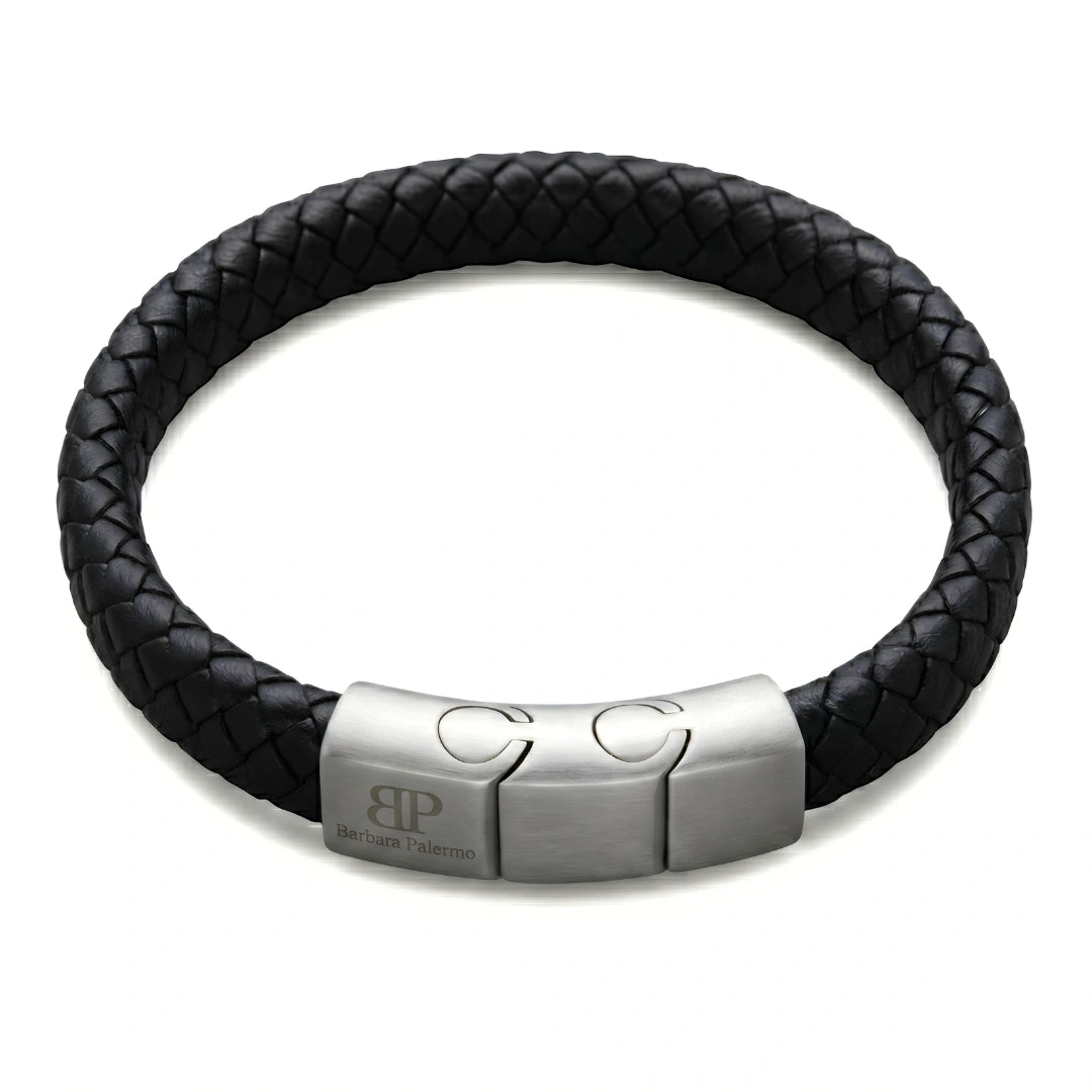 Bracciale in Pelle Intrecciata Nera 1 cm