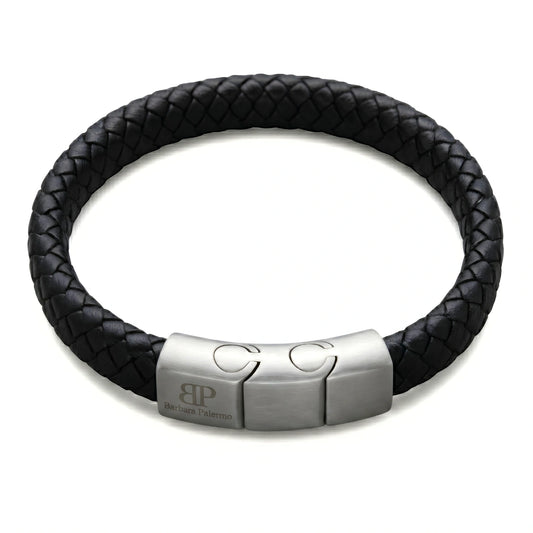 Bracciale in Pelle Intrecciata Nera 1 cm