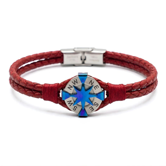 Bracciale Rosa dei Venti in Pelle Rossa  Doppio Intreccio