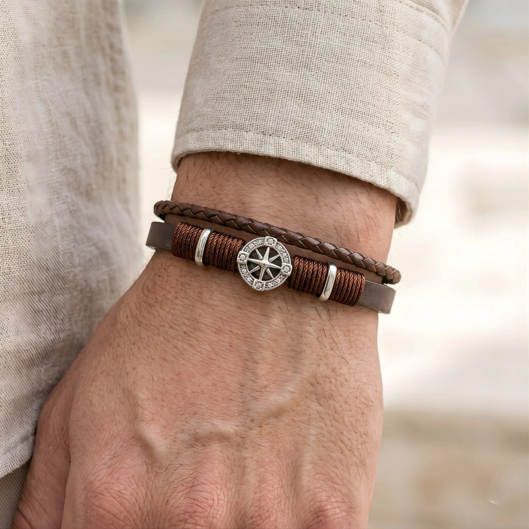 Bracciale Rosa dei Venti in Pelle doppia Marrone